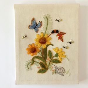 Vintage butterfly botanical crewel embroidery art